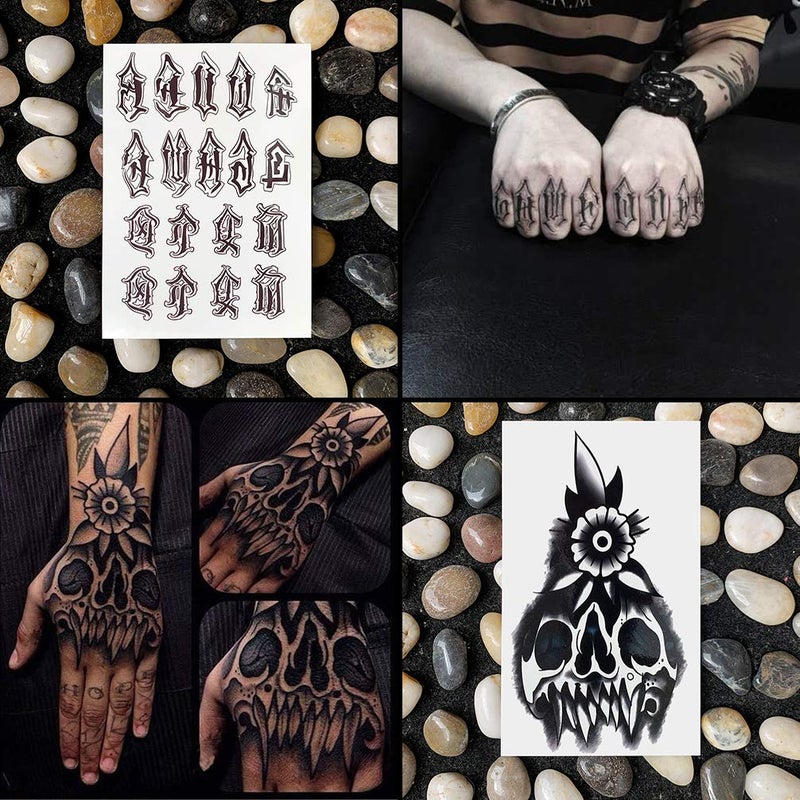 Oottati Waterproof 9 Sheets Back of Hand Fake Temporary Tattoo Stickers - Black Halloween Skull Horror Eye Devil Sun Moon Totem (Halloween) - Image 4